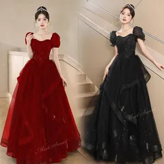 カラードレス ブラック ワインレッド パフスリーブ 前撮り 二次会 ウェディングドレス ウエディングドレスドレス 演奏会 結婚式 音楽会 発