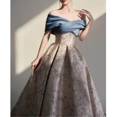 【新品?未使用】 カラードレス カクテルドレス ロングドレス ブルー パーティードレス オフショルダー 半袖 結婚式 二次会 発表会 演奏会 