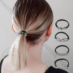 3本セット ブレスレット ヘアゴム ヘアタイ チェーン チャーム付き ブラック シルバー ヘアアクセサリー レディース カジュアル 小物 大人 モノトーン ギフト フリーサイズ アソート メタル