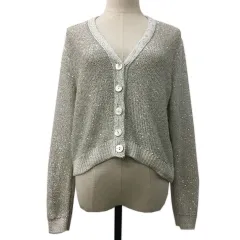 ザラ ZARA カーディガン ニット Vネック スパンコール ショート丈 クロップド 長袖 USA M グレー 銀 シルバー
