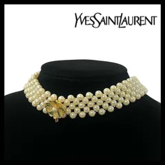 Y【YVES SAINT LAURENT】フェイクパール チョーカー ロゴ ハート ゴールド/金カラー グリーン/緑 ヴィンテージ ネックレス ペンダント YSL/イヴサンローラン (61992NY1)