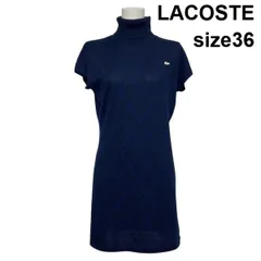 ◆ ラコステ LACOSTE ニットワンピース 半袖 ミニ丈 タートルネック アーガイル ネイビー 毛混 36 S 7号 レディース S6A145