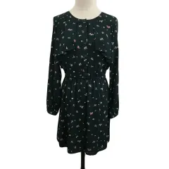 ページボーイ PAGE BOY ワンピース フレア ミニ ウエストゴム 花柄 総柄 長袖 M 緑 ピンク グリーン