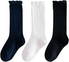 Belle Iza Bella キッズ ハイソックス 女の子 3足セット ガールズ 靴下 フォーマル 無地 フリル リブ編み シンプル ドレス ピアノ 発表会 卒園 入学 式 (A:ブラック・ネイビー・ホワイト,  15.0-19.0 cm)