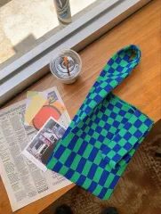 ブルー グリーン チェック柄 ニットバッグ