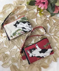 再入荷☆　和素材生地のアンニュイ猫さんミニポーチ　ハンドメイド　猫　にゃんこ　ポーチ　定期入れ　カードケース　小物入れ　ドビー　ドビー生地　黒猫　ハチワレ　和柄