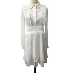 エリアット ELLIATT ワンピース フレア 膝丈 比翼仕立て フリル レース シアー 透け感 長袖 S 白 ベージュ ホワイト