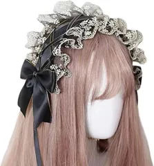 MORY TRADE morytrade ゴシック ヘッドドレス レース リボン付き 髪飾り ビター系 ロリータ風 黒 ネイビー ハロウィン 撮影用 (ブラックレース)