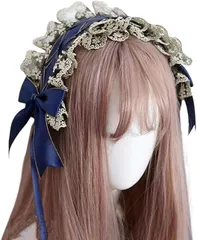 MORY TRADE morytrade ゴシック ヘッドドレス レース リボン付き 髪飾り ビター系 ロリータ風 黒 ネイビー ハロウィン 撮影用 (ネイビーブルー)