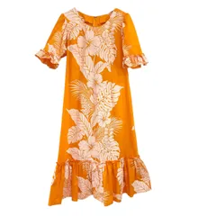 Z1718  フラダンス用衣装　ムームー　ワンピース　ドレス　オレンジ　ハイビスカス　レディース　Sサイズ