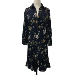 フィフス fifth ワンピース シャツワンピ フレア ロング スキッパー 花柄 総柄 リボン フィッシュテール マルチカラー 長袖 M 紺 茶 ネイビー ブラウン