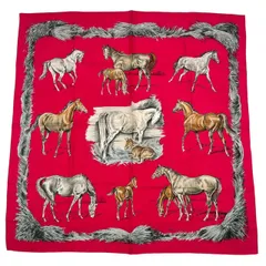 極美品 HERMES エルメス カレ90 スカーフ シルク Les Poulains 仔馬のイラスト レッド