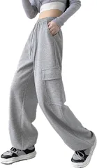 ReiLuana カーゴ パンツ ロング レディース ゆったり スウェット ゴム ウエスト ポケット 人気 可愛い お洒落 イージー 大きい サイド 多機能 紐付き 長ズボン (グレー,  M)