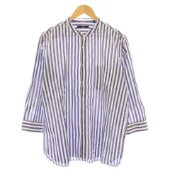 シップス SHIPS カジュアルシャツ 七分袖 バンドカラー ストライプ柄 バイカラー 麻 リネン混 L 青 ブルー 白 ホワイト /BB