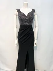 2032 キャバクラ ロングドレス ラメ ストーン 伸縮性 キラキラ スリット イベント ノースリーブ キャバドレス S