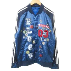 アディダスオリジナルス adidas originals 美品 ナイロン ブルゾン 転写 ワッペン プリント ロゴ 薄手 Mサイズ 青 ブルー