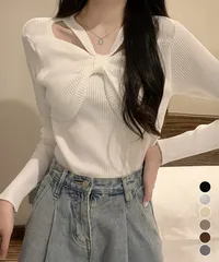 フロントリボンリブニットトップス大人秋服