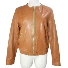 トゥモローランドコレクション TOMORROWLAND collection レザージャケット 羊革 ノーカラー ジップアップ 38 M相当 茶 ブラウン X