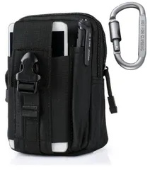 【在庫セール】多機能ポーチ ウエストバッグ 収納 マルチケース ベルト通し 撥水加工 旅行 アウトドア ハイキング 小物入れ コンパクト マルチウェストポーチ カラビナ 付き Molle対応 (ブラック)