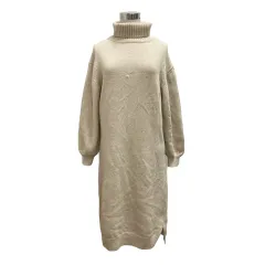 シンプリシテェ Simplicite ワンピース ニット ハイネック タートルネック ウール混 ハイゲージ リブ ひざ丈 無地 長袖 白 アイボリー 