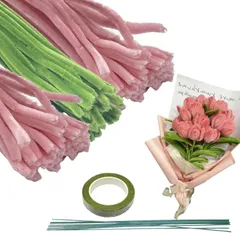 【新着商品】KKLM 手芸モール チューリップの手芸キット ピンク＋グリーン 200本 6mm カラーモール 16本人工花茎 フラワーテープ2巻付き DIYモールフラワー インテリア/手芸用 記念日/誕生日/母の日/バレンタインに最適 花びら作りの楽しさが広が