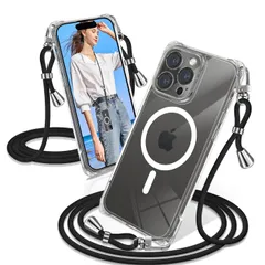 iPhone 15 Pro Max ケース クリア ショルダー MagSafe対応 耐衝撃 カバー 透明 スマホケース マグセーフ対応 肩がけ 首掛け 紐付き 縄掛け 斜めがけ R1125