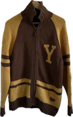 Z1714 【美品】YOGAヨーガ　ジップアップニット　アウター　ブラウンイエロー　メンズ　LAサイズ