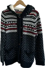 Z1714 【美品】sunny villageサニービレッジ　ノルディック柄ニットジャケット　パーカー　アウター　ネイビー　レディース　Lサイズ