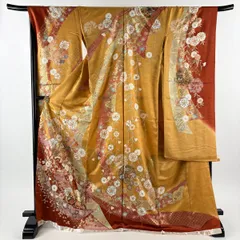 振袖 身丈174.5cm 裄丈70cm 未仕立て 桜 熨斗 金糸 金彩 山吹茶色 正絹 秀品 【中古】