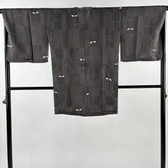 【美品】 道行 身丈88cm 裄丈68cm L 和装コート 角衿 葉と実 灰色 正絹 秀品 【中古】