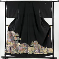 黒留袖 身丈156.5cm 裄丈61cm S 袷 落款 家屋 樹木 黒 正絹 秀品 【中古】