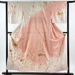 訪問着 身丈152.5cm 裄丈63cm S 袷 扇面 草花 金彩 ぼかし ピンク 正絹 秀品 【中古】