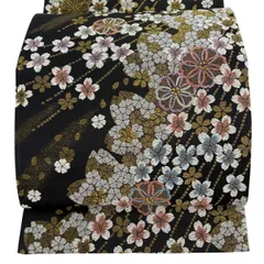 【美品】 袋帯 秀品 振袖向き 桜 金糸 箔 黒 六通 正絹 【中古】