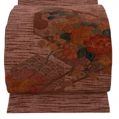 【美品】 袋帯 秀品 紬地 花車 牡丹 刺繍 小豆色 お太鼓柄 正絹 【中古】