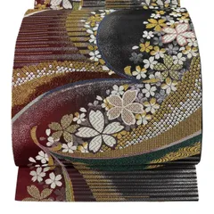 【美品】 袋帯 秀品 桜 縞 唐織 箔 えんじ色 六通 正絹 【中古】