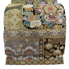 【美品】 袋帯 秀品 華文 花鳥 刺繍 金糸 黒 六通 正絹 【中古】