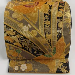 【美品】 袋帯 秀品 振袖向き 蝶 草花 箔 金糸 金色 六通 正絹 【中古】