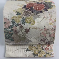 【美品】 袋帯 秀品 鈴乃屋 花筏 牡丹 箔 クリーム 六通 正絹 【中古】