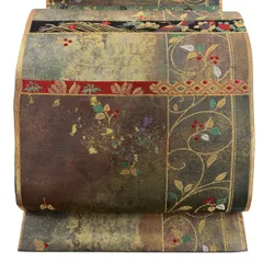 【美品】 袋帯 秀品 唐草 花鳥 金糸 箔 深緑 六通 正絹 【中古】