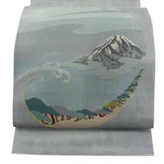 袋帯 秀品 山 波頭 金銀糸 刺繍 青灰色 お太鼓柄 正絹 【中古】