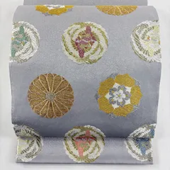 【美品】 袋帯 名品 山口美術織物 落款 菊地浜茄子華文 菊 向かい鳥丸文 金銀糸 唐織 灰色 お太鼓柄 正絹 【中古】