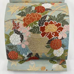 袋帯 名品 河合美術織物 落款 関西仕立て 牡丹 花器 箔 唐織 薄緑 六通 正絹 【中古】