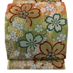 袋帯 秀品 桜 斜め格子 刺繍 金銀糸 薄緑 六通 正絹 【中古】