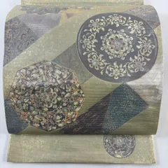 袋帯 秀品 華文 斜縞 螺鈿 金銀彩 ベージュ お太鼓柄 正絹 【中古】