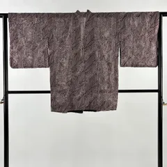 【美品】 道中着 身丈81cm 裄丈66.5cm M 和装コート 無月 葉柄 金糸 紫 化繊 名品 【中古】