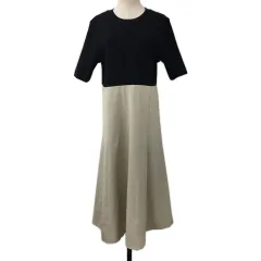 インディヴィ INDIVI ワンピース フレア ロング 切替 ニット バイカラー 無地 五分袖 15 黒 ベージュ ブラック