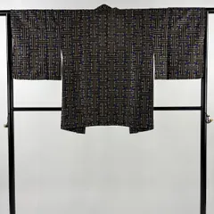 羽織 身丈80cm 裄丈64.5cm M 幾何学模様 焦茶色 正絹 名品 【中古】