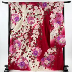 【美品】 振袖 身丈168.5cm 裄丈67.5cm L 袷 牡丹 桜 刺繍 箔 クリーム 正絹 名品 【中古】