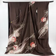 振袖 身丈189cm 裄丈74cm 未仕立て 仮絵羽 桜 花びら 銀通し 金彩 焦茶色 正絹 名品 【中古】