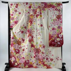 振袖 身丈168.5cm 裄丈67cm M 袷 牡丹 桜 刺繍 銀通し クリーム 正絹 名品 【中古】